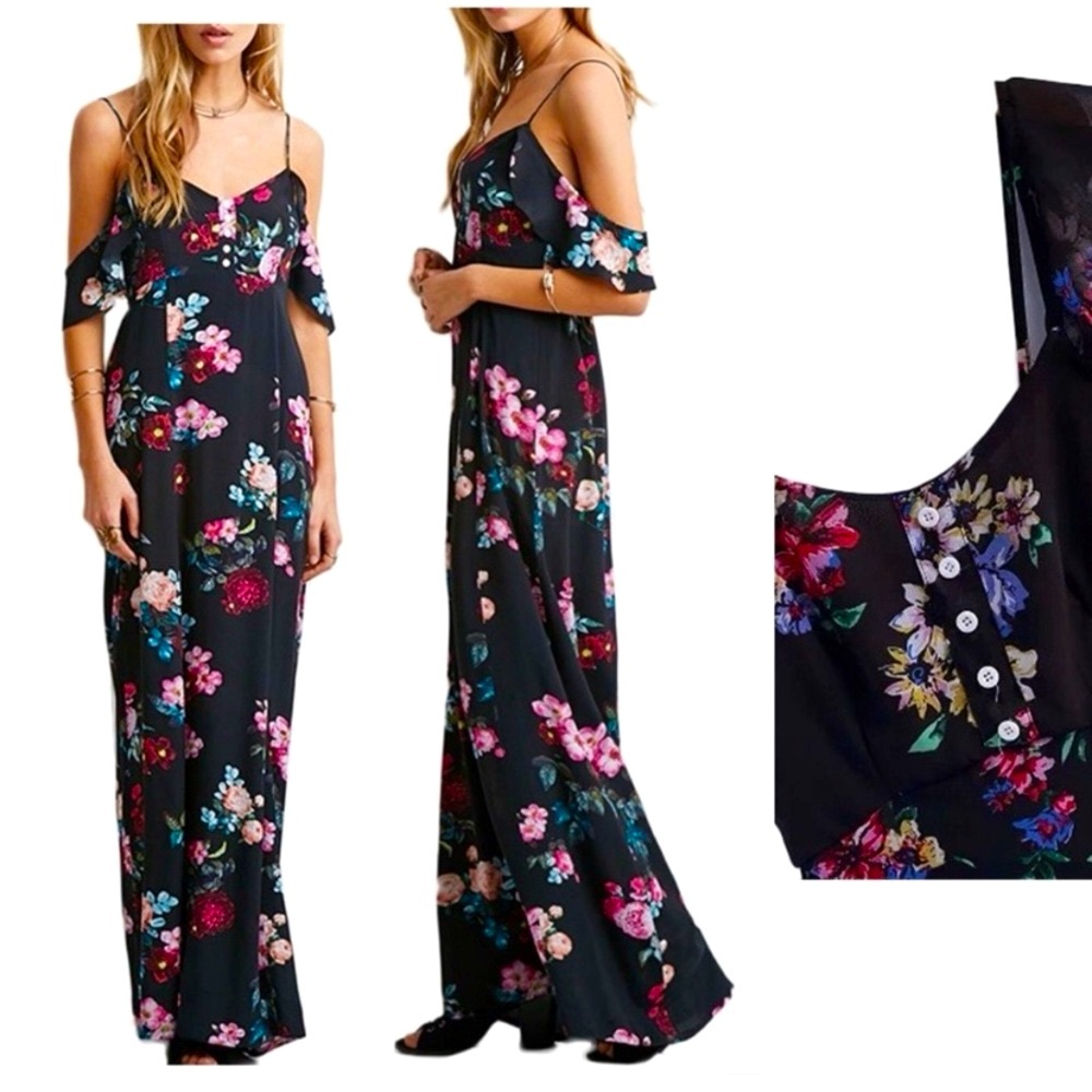Black Off-Shoulder Floral Chiffon Maxi Dress | XS